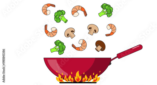 Fresh Ingredients Cooking in Wok with Flames