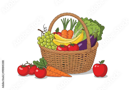A bountiful woven basket overflowing with fresh, vibrant fruits and vegetables, a symbol of healthy eating and natural goodness