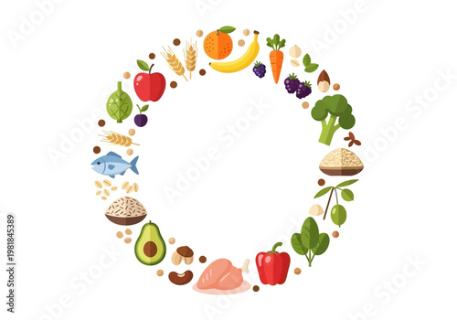 A circular arrangement of various healthy foods and ingredients, promoting a balanced diet and wellness lifestyle