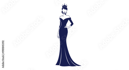 Elegant Woman in Royal Crown and Ball Gown, Fashion Silhouette