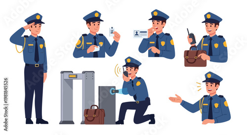 Set of 6 Security Guard Officer Character Vector Illustrations