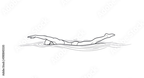 Swimmer performing butterfly stroke in clean water, minimalist line art illustration