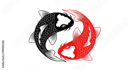 Yin Yang Koi Fish Symbol of Balance and Harmony, Red and Black, Isolated on White