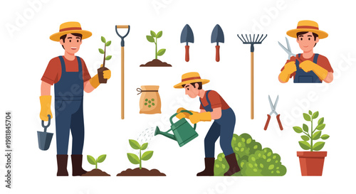 Set of 15 Flat Vector Gardening and Farmer Tools with Characters