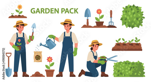 Garden Pack Vector Illustration Set with Gardeners, Plants, and Tools