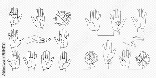 Continuous line drawing of various hand gestures and palms, illustrating different actions and symbolic meanings.