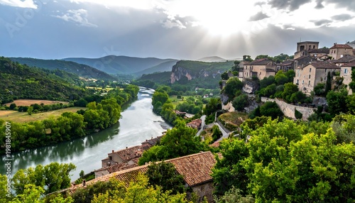 A picturesque European village built on a cliff overlooking a winding river valley, bathed in sunlight