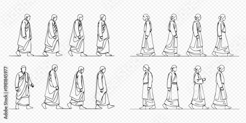 Continuous line drawing of walking monks in traditional robes, showcasing various poses and movements.