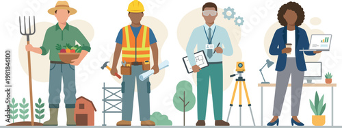 The graphic features a diverse group of confident professionals standing side-by-side, including an agricultural worker, a construction builder, an engineer/architect, and a corporate businesswoman