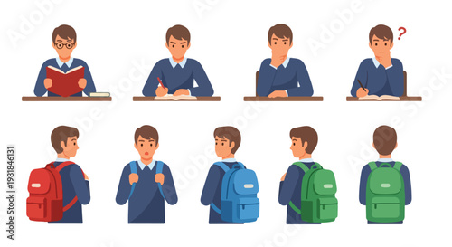 Set of 8 Schoolboy Character Poses and Backpacks Vector Illustration