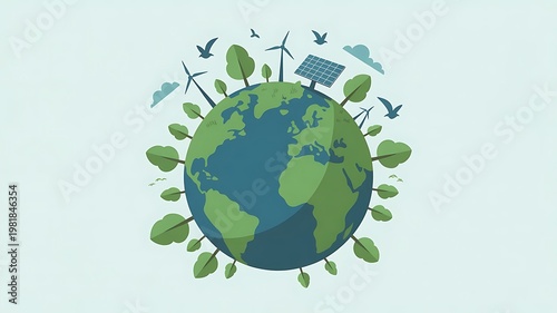 Conceptual vector illustration of planet earth featuring green energy symbols like wind turbines and solar panels for environmental sustainability