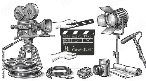 Cinematography Tools Sketch Set with Retro Movie Camera Clapboard and Studio Lighting
