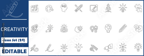 Creativity icon set. Containing inspiration, imagination, design, idea, creative, improvisation, sketching,light bulb, originality, brainstorming and more. Solid vector icons collection.