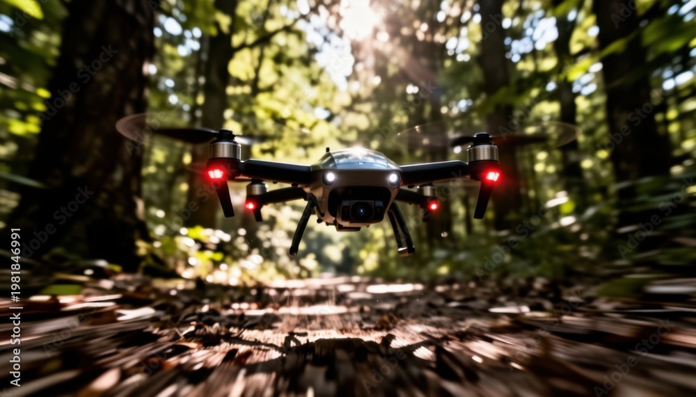 Fototapeta premium drone with red lights flying low over forest trail in golden sunlight during outdoor adventure