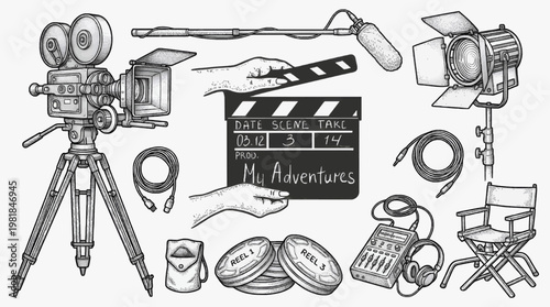 Film Making Equipment Illustration Featuring Camera Reel Clapperboard Microphone and Lights