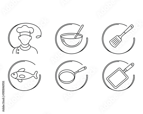 Collection of culinary icons including a chef fish bowl spatula and cooking pans