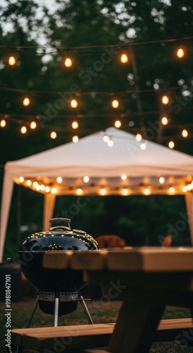 Labor day backyard bbq festive gathering with string lights and outdoor dining for a relaxing holiday