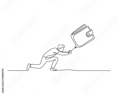 Single line drawing of a person reaching for a wallet that is flying away like a balloon