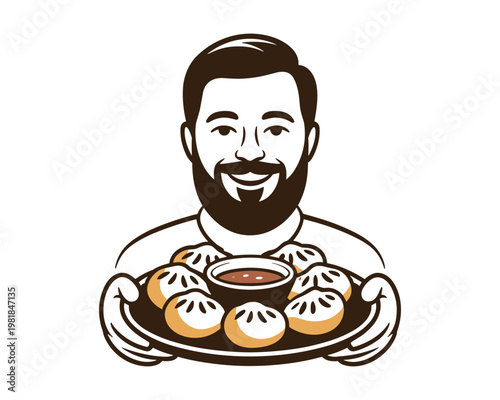 Smiling bearded man holding a plate of delicious dumplings and dipping sauce isolated on transparent background