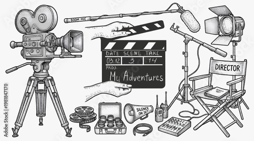 Classic Movie Production Gear Drawing with Vintage Camera and Studio Accessories