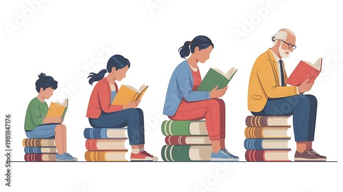Conceptual vector illustration showing the importance of reading through different stages of life from childhood to old age