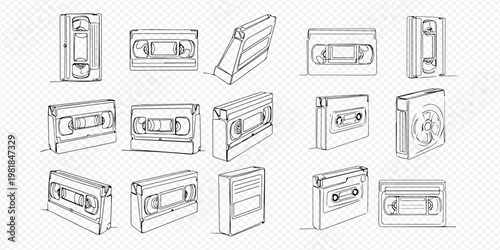 Set of hand-drawn line art illustrations of retro video and audio cassette tapes, vintage media technology.