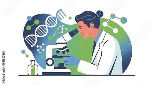 Conceptual vector illustration of a scientist using a microscope for medical research with DNA and molecular structure backgrounds