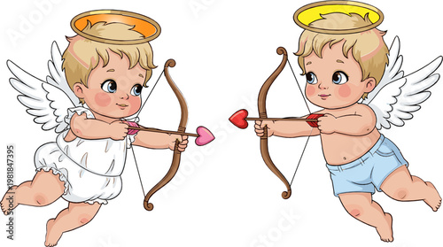 Canvas Print Cute Angel Cupid Icon Set Featuring Baby Angels with Bows and Arrows for Valenti