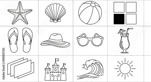 Collection of beach-themed line drawings, including a starfish, seashell, beach ball, flip-flops, sun hat, sunglasses, cocktail, castle, wave, and sun illustration on a white background