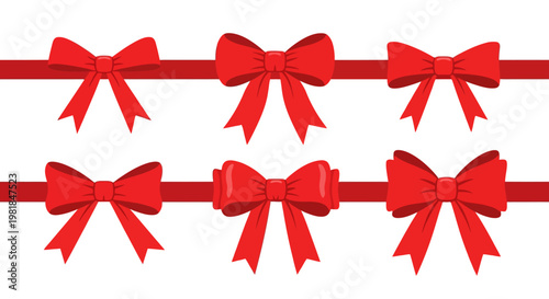 Collection of Six Red Bows on White Background, Festive and Decorative Elements