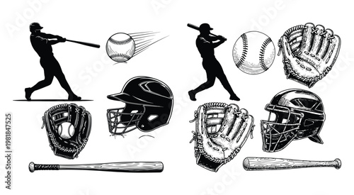 Black and white hand drawn baseball collection featuring players batting and essential gear like mitts and helmets