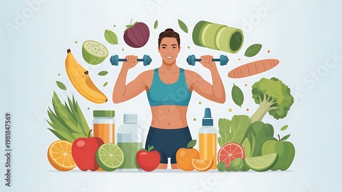 Conceptual illustration of a healthy lifestyle featuring a woman exercising with dumbbells surrounded by fresh fruits and vegetables