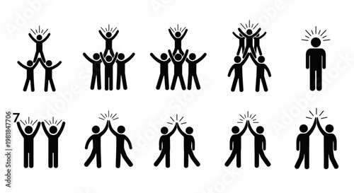 Icon Set Illustrating Teamwork, Success, and Celebration Through Human Figures