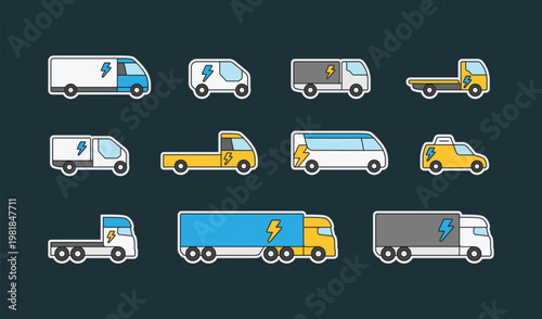 Electric cars and trucks icons set. Simple flat cartoon style EV electric vehicle symbol logo icon stickers collections