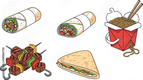 Assorted fast food items illustrated in a whimsical style Vector