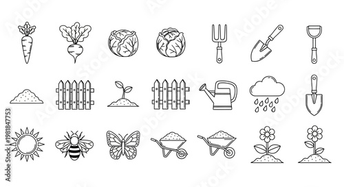Gardening icons, 25 line icons, garden tools, plants, insects, black and white