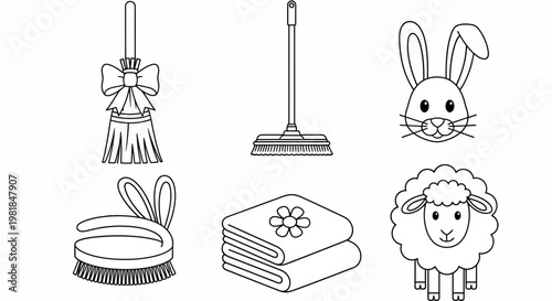 Cleaning icons, broom, mop, dustpan, sheep, rabbit, towel, vector illustrations