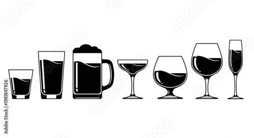 Collection of different types of glassware filled with beverages, including shots, beer mugs, wine glasses, and champagne flutes