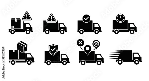 Truck icons, delivery truck symbols, transportation signs, logistics vector graphics, 8 icons
