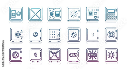 Collection of various safety deposit boxes and security vaults in a digital illustration format