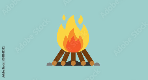 Flat Design Campfire Icon with Flames and Logs on Blue Background