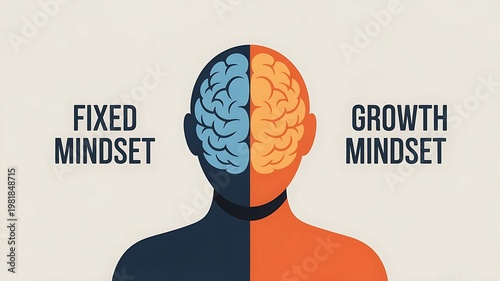 human head silhouette comparing fixed mindset versus growth mindset with a split brain design