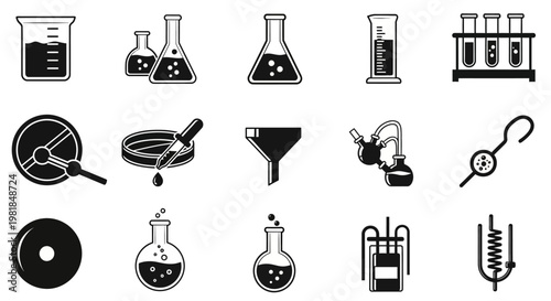Laboratory equipment icons, science symbols, chemistry lab tools, black vector set