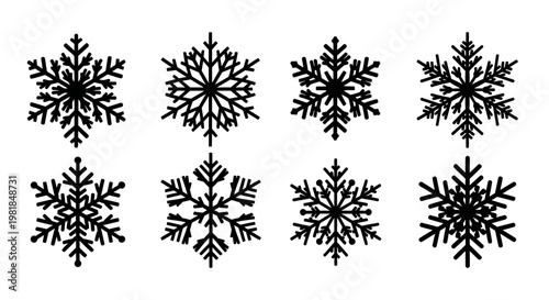 Snowflakes, winter icons, black vector graphics, frosty designs, 7 snowflake set