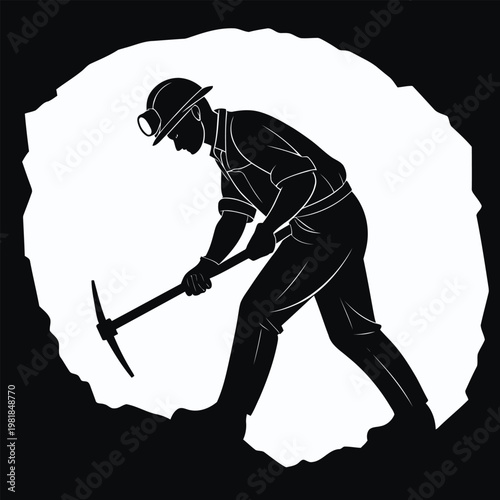 Silhouette of a miner in a helmet with a headlamp digging in a cave with a pickaxe mining
