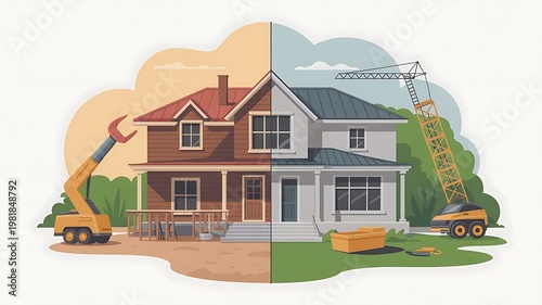 Conceptual illustration of a residential house split between traditional brick construction and modern architectural renovation