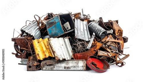 A pile of scrap metal and debris, consisting of various rusty and damaged metallic objects