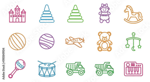 Colorful baby icons, nursery symbols, 13 child playthings, vector graphics