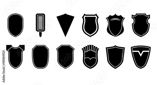 Shield, crest, and coat of arms icons, black vector symbols, heraldry emblems, 12 shield designs