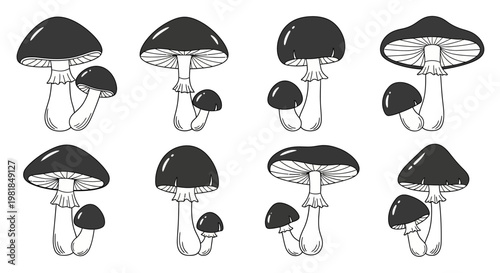 Black Mushroom Icons, Fungus Symbols, Vector Graphics, 10 Illustration Set